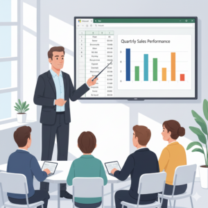 Illustration - Coach vor vier Personen mit Notebooks, auf einem Wand-Display eine Excel-Grafik präsentierend