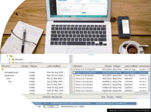 Collage aus einem Schreibtisch mit Notizblock, Laptop, Kaffee und Mobiltelefon in der oberen Hälfte des Bildes und einem Ausschnitt aus einem Filemanager in der unteren.