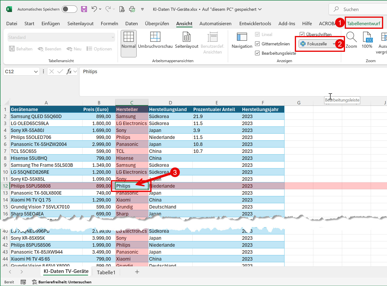 Mit der Excel-Funktion Fokussieren hervorgehobene Zelle