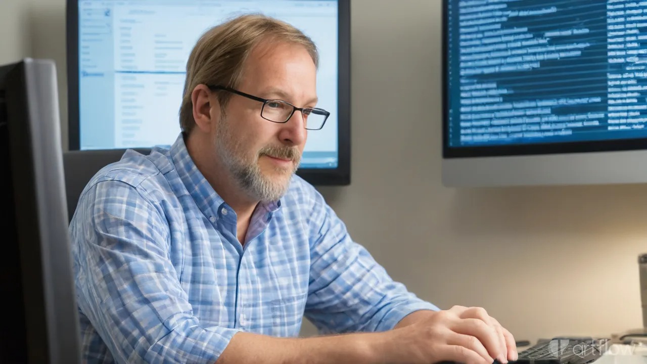 Klaus beim Arbeiten am PC mit Digitalen Tafeln im Hintergrund