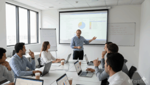 Ein Bild, das einen Excel-Kurs mit Teilnehmern in einem Schulungsraum zeigt.