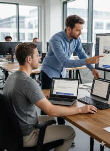 Ein schwerhöriger Mitarbeiter mit seinem Coach in einer Coachingsituation vor Notbook und Bildschirm.