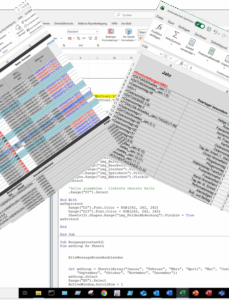 Collage aus Excel-Tabellen und Programmcode im Hochformat